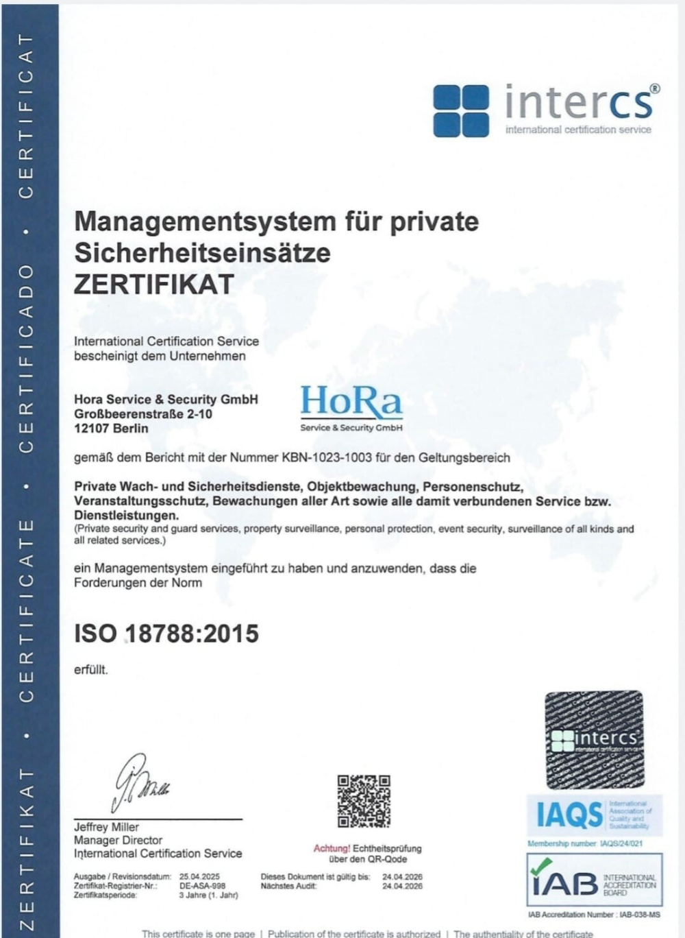ISO 18788:2015 Zertifikat — Hora Service & Security GmbH
